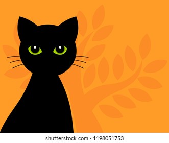 Black cat with green eyes halloween background.Vector illustration
