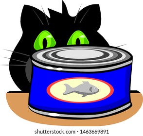  black cat with green eyes hid behind a jar of canned fish.