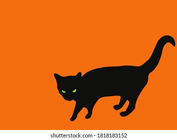 Black cat with green eyes isolated on white background. Halloween greeting card, vector flat design eps 10