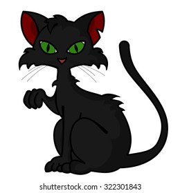 Black cat with green eyes isolated on white background. Cartoon vector illustration.