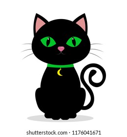 Black cat with green eyes, on the neck of a medolene in the shape of the moon on a green ribbon, isolated on a white background. Vector, flat style, cartoon.