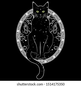 Black cat with green eyes on the background of the night starry sky and autumn oak branches. Black and white design, isolated on black, vector illustration