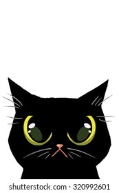 Black cat with green eyes on white background.