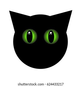 Black cat with green eyes on white background. Home pet. Vector illustration.