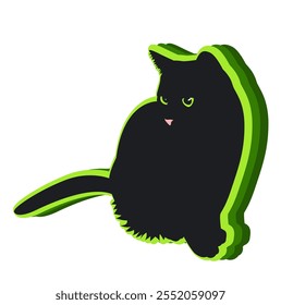 Black cat with green eyes and green outline, vector illustration