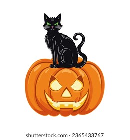A black cat with green eyes sits on top of a jack o lantern. Cute animal and pumpkin. Traditional symbol and design element for Halloween celebration. Vector illustration.