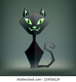 Black Cat with Green Eyes Vector Illustration