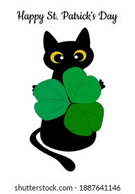 A black cat and a green shamrock in its paws, a symbol of Ireland. St. Patrick's Day greeting card.  Prints for poster. Vector illustration.