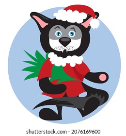 Black cat with green spruce. New year design.
