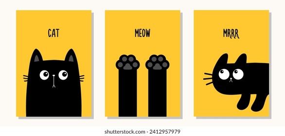 Black cat greeting card banner set. Peeking from the corner kitten, paw print, hands. Meow, Mrrr text template. Cute kawaii cartoon funny boo pet baby character. Flat design. Yellow background. Vector