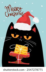 Black cat greeting card with text Meowy christmas, christmas and new year card, banner, poster design