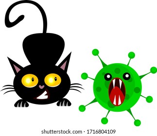Black cat grinning at green virus concept animal and harmful bacteria object on white background.