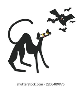 Black cat with a group of bats. Sabbath on the eve of All Saints' Day. Halloween autumn holiday characters. A cat arching its back. Flying flock of bats in cartoon style.