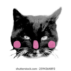 Black cat halftone collage face with pink cheeks and nose, Vector half tone trendy half tone animal kitty head, modern pop style