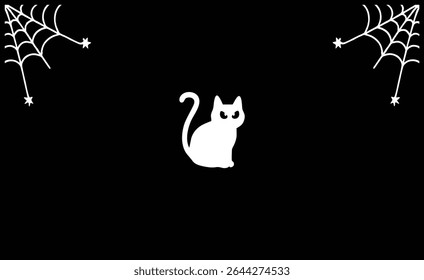 Black Cat Halloween Background with Spider Web Corners Vector