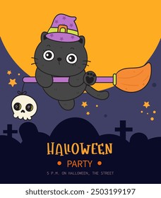 Black cat Halloween card on witch broom kitten playing. Series: Groovy Retro cartoon kawaii (trick or treaters) drawing Kids party holiday festival. Perfect make a wish for background and shirt design