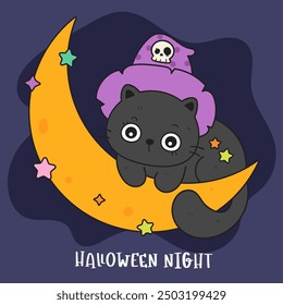 Black cat Halloween card on magic moon kitten playing. Series: Groovy Retro cartoon kawaii (trick or treaters) drawing Kids party holiday festival. Perfect make a wish for background and shirt design.