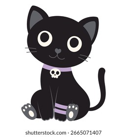Gato negro para el diseño de Halloween aislado en el fondo blanco, Anuncio feliz de la fiesta para el Web, postal, volante, etc, Ilustración vectorial plana