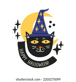 Black Cat Halloween. Funny character face with magic hat, moon, stars. Halloween kids graphic. Cartoon flat vector 
