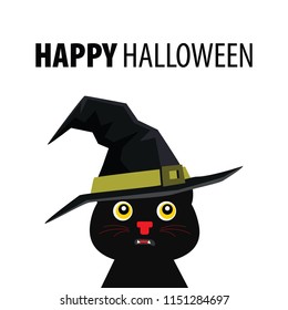 Black cat in halloween hat. Happy Halloween. Party. Greeting card. Vector illustration, flat design.