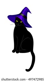 Black cat in Halloween hat isolated on white