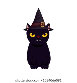 black cat halloween with hat witch vector illustration design
