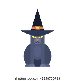 Black cat Halloween magic character in wizard hat minimal kids icon vector flat illustration. Fantasy feline pet kitten sorcerer mystic autumn holiday symbol cute mascot cartoon domestic animal