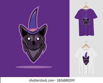 Black cat halloween mascot design with t-shirt . Black cat with witch hat illustration for halloween party and printing t-shirt