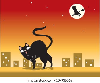 Black Cat with Halloween Moon