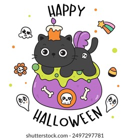 Black cat Halloween on magic pot kitten playing. Series: Groovy Retro cartoon kawaii drawing (trick or treaters) Kids party. Perfect make a wish for background, greeting card, pattern, nursery wall.