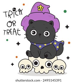 Black cat Halloween on skulls kitten playing. Series: Groovy Retro cartoon kawaii drawing (trick or treaters) Kids party. Perfect make a wish for background, greeting card, pattern, nursery wall.