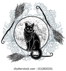 Black cat. Halloween poster. Vector illustration for all Saints ' Day. Lunar Eclipse, magic broom, symbols of witchcraft. Coven. Print, postcard. Totem magic animal. Bad sign. Fairytale character. Art