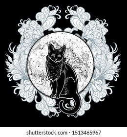 Black cat. Halloween poster. Vector illustration for all Saints ' Day. Lunar Eclipse, magic broom, symbols of witchcraft. Coven. Print, postcard. Totem magic animal. Bad sign. Fairytale character. Art