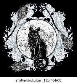 Black cat. Halloween poster. Vector illustration for all Saints ' Day. Lunar Eclipse, magic broom, symbols of witchcraft. Coven. Print, postcard. Totem magic animal. Bad sign. Fairytale character. Art