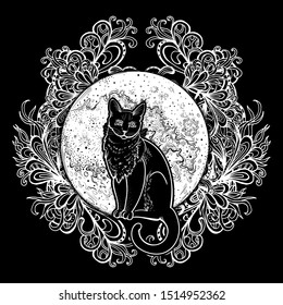 Black cat. Halloween poster. Vector illustration for all Saints ' Day. Lunar Eclipse, magic broom, symbols of witchcraft. Coven. Print, postcard. Totem magic animal. Bad sign. Fairytale character. Art