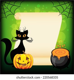 Black cat and Halloween pumpkin against empty wish scroll