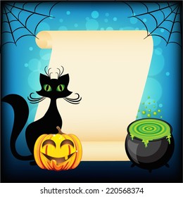 Black cat and Halloween pumpkin against empty wish scroll