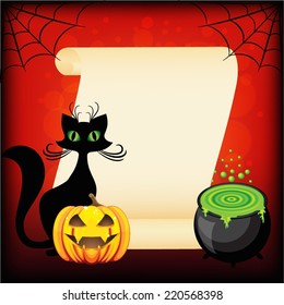 Black cat and Halloween pumpkin against empty wish scroll