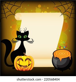 Black cat and Halloween pumpkin against empty wish scroll