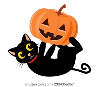 Black cat and halloween pumpkin . Cartoon character . Vector illustration .