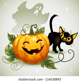 Black cat Halloween pumpkin and ghost.