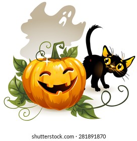 Black cat Halloween pumpkin and ghost. White background.