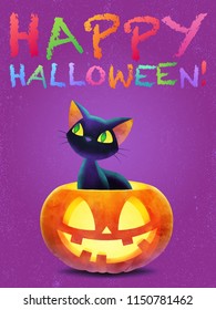 Black cat in a Halloween pumpkin, Happy Halloween greeting card. Vector illustration.