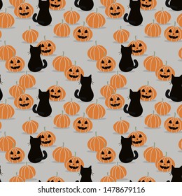 Black Cat And Halloween Pumpkin Seamless Pattern.