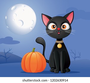 Black Cat with Halloween Pumpkin Vector Cartoon. Cute pussycat standing in full moonlight outdoors
