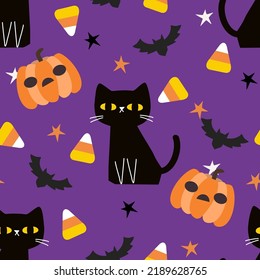 Black Cat and Halloween Pumpkins Seamless Pattern.