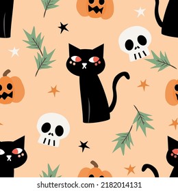 Black Cat  Halloween Pumpkins and Skull Seamless Pattern