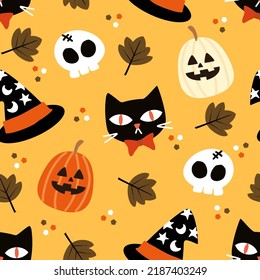Black Cat  Halloween Pumpkins and Skull Seamless Pattern