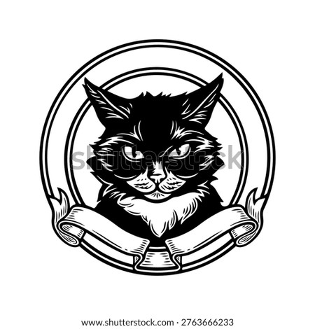 Black Cat Halloween Vector Emblem – Vintage Engraved Style Cat Face, Spooky Witch Familiar, Gothic Badge, Isolated Clipart