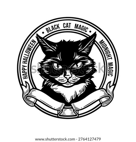 Black Cat Halloween Vector Emblem – Vintage Engraved Style Cat Face, Spooky Witch Familiar, Gothic Badge, Isolated Clipart